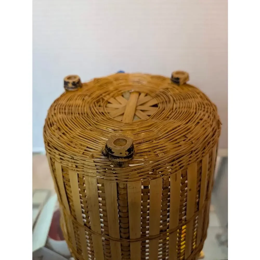 Vintage Woven Bamboo Basket Round Footed Planter Boho Decor 8